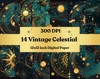 Vintage Celestial Digital Paper, Celestial Patterns, Night Stars Paper, Galaxy Digital Paper, Zodiac Digital Paper, Celestial Paper