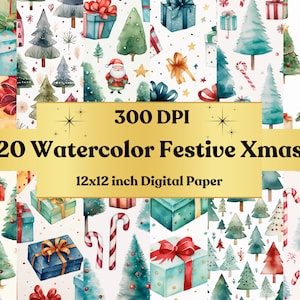 Watercolor Festive Xmas Digital Printable Paper, Christmas Ephemera, Watercolor Xmas Pages, Card Making, Download Junk Journal, Scrapbooking