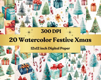 Watercolor Festive Xmas Digital Printable Paper, Christmas Ephemera, Watercolor Xmas Pages, Card Making, Download Junk Journal, Scrapbooking