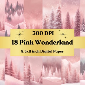 Carta digitale stampabile Pink Wonderland, Effimeri natalizi pastello, Pagine di Natale Fantasy Noel, Paese delle meraviglie invernale rosa, Sfondo fantasy rosa