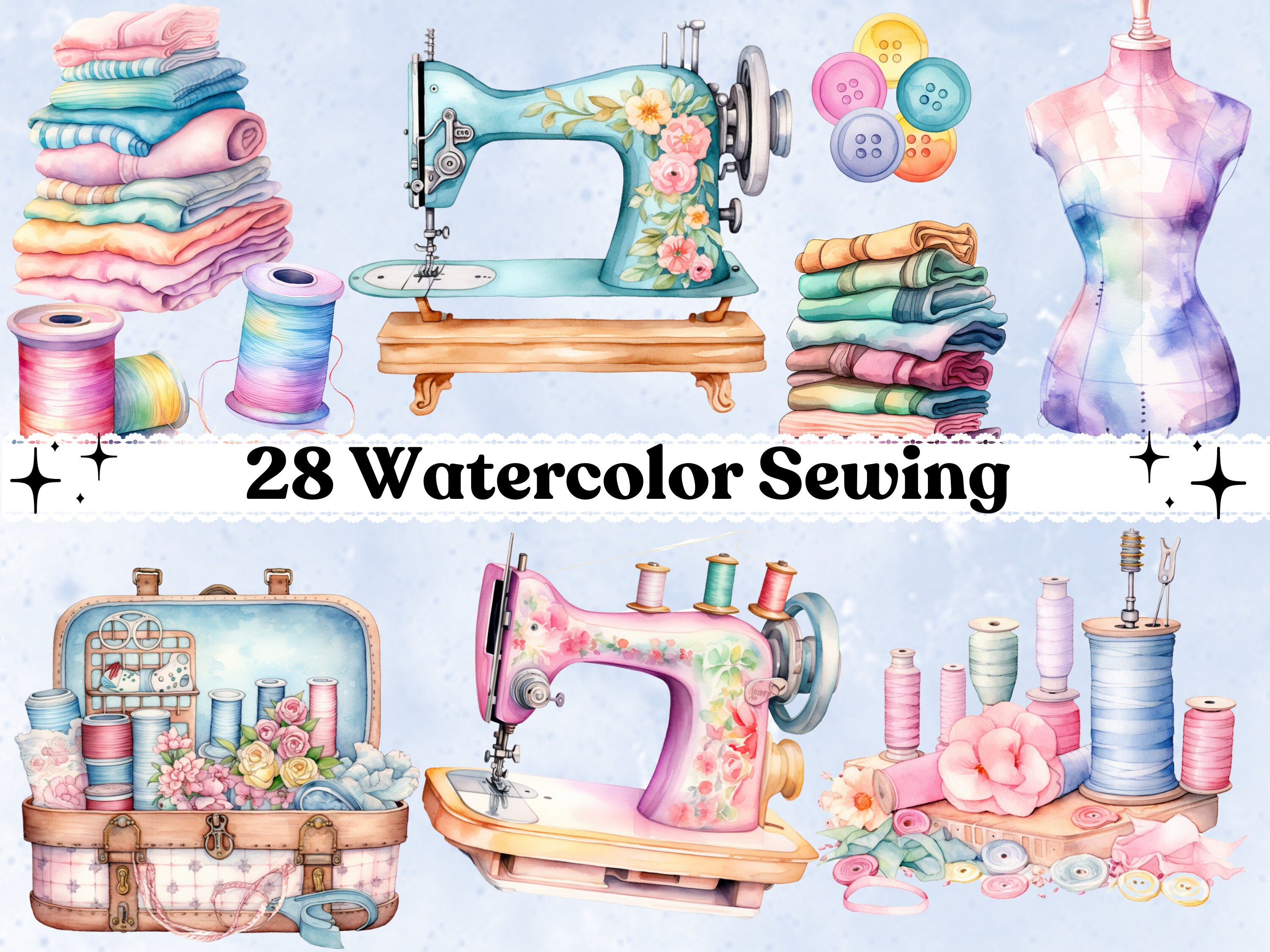 Watercolor Sewing Clipart Bundle, Sewing Machines Clipart, Shabby Chic ...