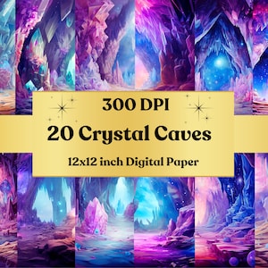 May include: 20 digital paper designs featuring vibrant, colorful crystal caves. Each design is 12x12 inches and 300 DPI.