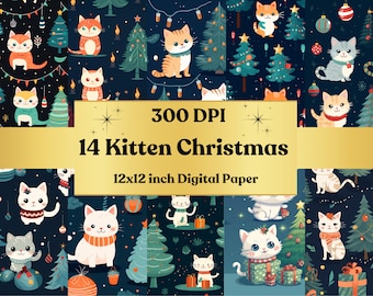 May include: A set of 14 digital papers featuring cute kittens wearing Santa hats and scarves, with Christmas trees and ornaments on a dark blue background. The papers are 12x12 inches and 300 DPI.