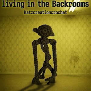 May include: A dark brown, crocheted, humanoid figure with a textured, knotted surface stands in a yellow room with patterned wallpaper. The text "The Bacteria entity living in the Backrooms" and "Katzcreationcrochet" is printed at the top.