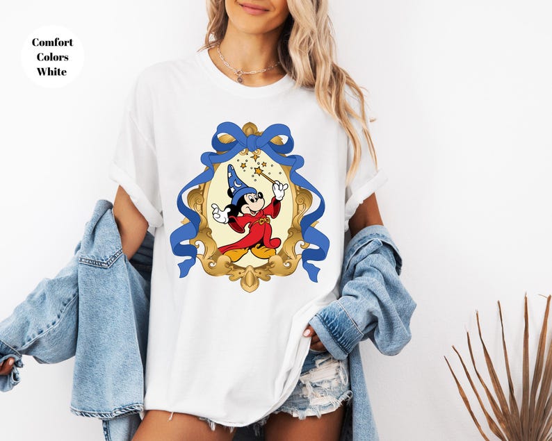 Camiseta de Mickey Mouse, camisetas vintage de mago mágico con ratón fantasma, ratón globo mágico, camiseta con lazo coqueto, camiseta de colores cómodos imagen 2