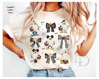 Comfort Colors Mickey Friends Ghost Coquette Bow Halloween Shirt,Mickey and Friends Ghost Shirt, Retro Mickey Spooky Shirt,Disney Halloween