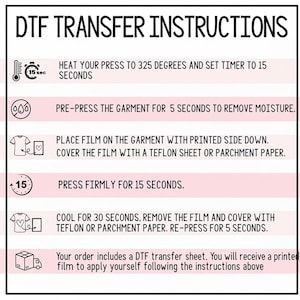 instructions for using a DFT (Digital Fashion Transfer) machine, including steps for heating the press to 325 degrees, setting a timer to 15 seconds, pre-pressing the garment, placing the film on the garment, pressing firmly, and cooling the garment after removing the film.