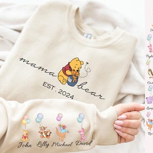 Custom Mama Bear The Pooh Sweatshirt, Mom Sweatshirt, Gift for Mothers Day Sweater,Custom Mama Sweatshirt With Kid Name On Sleeve