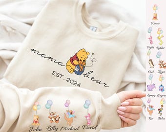 Custom Mama Bear The Pooh Sweatshirt, Mom Sweatshirt, Gift for Mothers Day Sweater,Custom Mama Sweatshirt With Kid Name On Sleeve