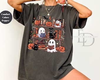 Comfort Colors Ghost Reading Shirt, Halloween Library Tee, Spooky Cute Ghost Cat Book Lover Shirt ,Fall Gothic Shirt, Halloween Gift Shirt