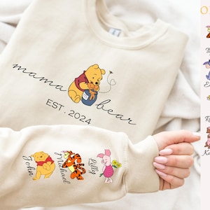 Custom Mama Bear The Pooh Sweatshirt, Mom Sweatshirt, Gift for Mothers Day Sweater,Custom Mama Sweatshirt With Kid Name On Sleeve