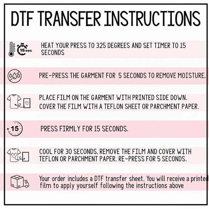 instructions for using a DFT (Digital Fashion Transfer) machine, including steps for heating the press to 325 degrees, setting a timer to 15 seconds, pre-pressing the garment, placing the film on the garment, pressing firmly, and cooling the garment after removing the film.