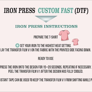 instructions for using an iron press to create custom t-shirts. It provides step-by-step guidance on how to prepare the t-shirt, set the iron to the highest heat setting, and use the iron to create a design on the fabric. The instructions also mention using heat-resistant tape to keep the transfer film V1 from shifting while pressing.