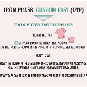 instructions for using an iron press to create custom t-shirts. It provides step-by-step guidance on how to prepare the t-shirt, set the iron to the highest heat setting, and use the iron to create a design on the fabric. The instructions also mention using heat-resistant tape to keep the transfer film V1 from shifting while pressing.
