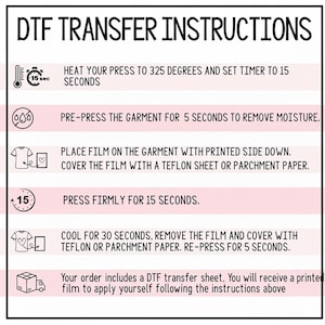 instructions for using a DFT (Digital Fashion Transfer) machine, including steps for heating the press to 325 degrees, setting a timer to 15 seconds, pre-pressing the garment, placing the film on the garment, pressing firmly, and cooling the garment after removing the film.