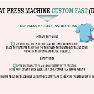 instructions for using a heat press machine to transfer a design onto a T-shirt. It includes a visual representation of the process, along with step-by-step guidance.