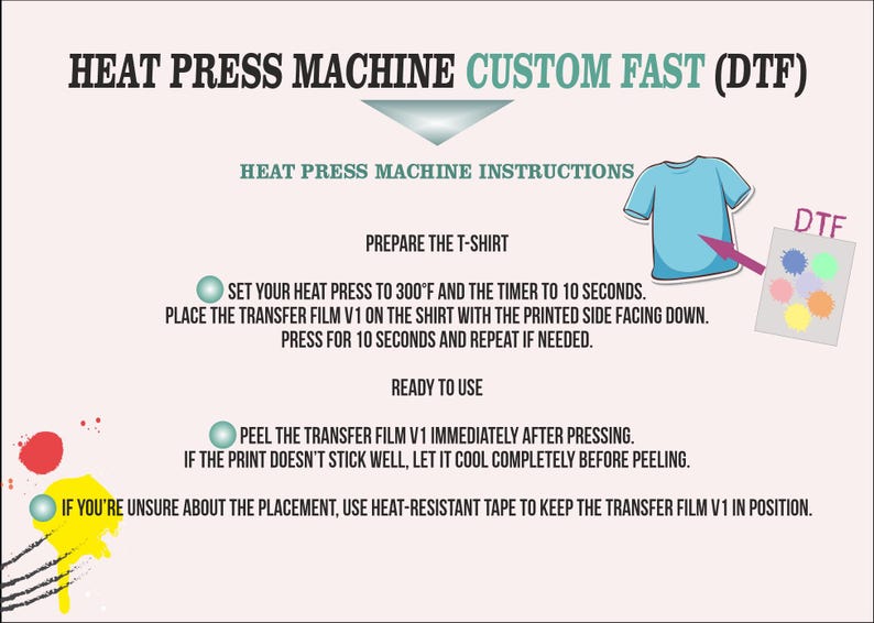 instructions for using a heat press machine to transfer a design onto a T-shirt. It includes a visual representation of the process, along with step-by-step guidance.