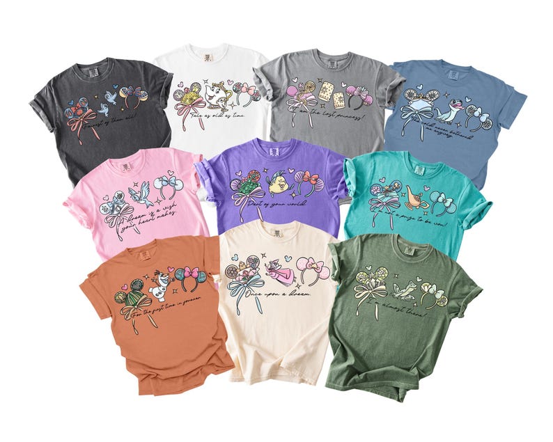 Camiseta Comfort Colors de princesas Disney, camiseta de Disneyworld, Ariel Aurora Elsa Blancanieves Jazmín Bella Rapunzel Anna Tiana, camiseta de Cenicienta, imagen 1