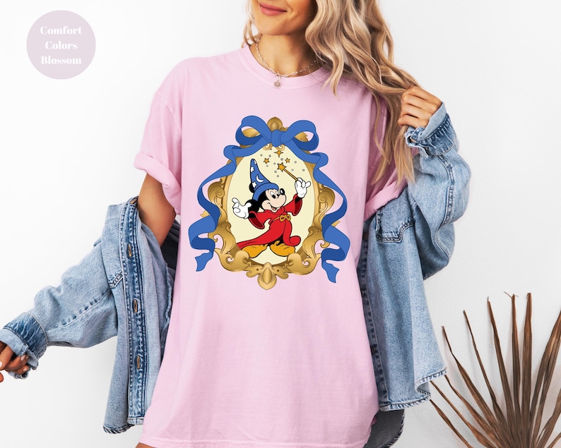 Camiseta de Mickey Mouse, camisetas vintage de mago mágico con ratón fantasma, ratón globo mágico, camiseta con lazo coqueto, camiseta de colores cómodos imagen 4
