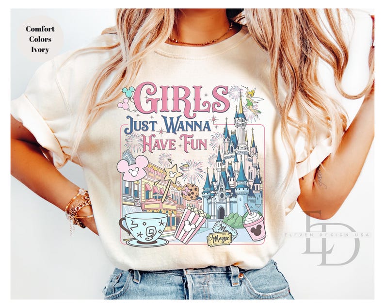 Retro Disney Girls Just Wanna Have Fun shirt,Disney Trip Shirt,Comfort Colors Shirt, Cute Disneyland Girls Vacation Shirt,Disney Gift Tee image 2