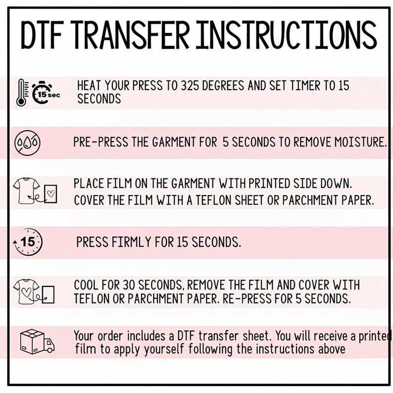instructions for using a DFT (Digital Fashion Transfer) machine, including steps for heating the press to 325 degrees, setting a timer to 15 seconds, pre-pressing the garment, placing the film on the garment, pressing firmly, and cooling the garment after removing the film.