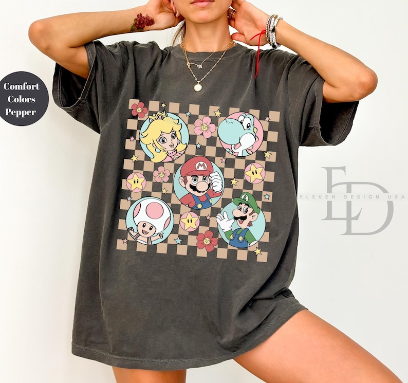 Comfort Colors Retro Super Mario Shirt,Mario Family Shirt,Super Mario Matching Tee,Mario and Friends Shirts, Super Mario Birthday Party Tee image 2