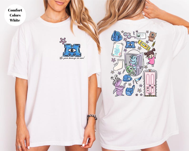 May include: White t-shirt featuring a cartoon design from the movie Monsters, Inc. The front has a blue "M" with an eye and the text "We scare because we care!" The back has various cartoon characters and objects.