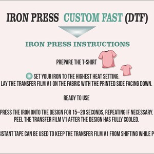 instructions for using an iron press to create custom t-shirts. It provides step-by-step guidance on how to prepare the t-shirt, set the iron to the highest heat setting, and use the iron to create a design on the fabric. The instructions also mention using heat-resistant tape to keep the transfer film V1 from shifting while pressing.