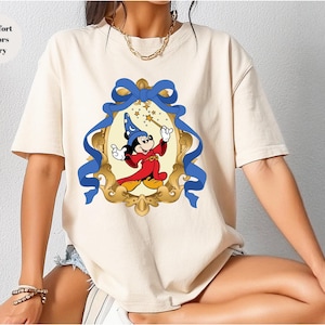 Camiseta de Mickey Mouse, camisetas vintage de mago mágico con ratón fantasma, ratón globo mágico, camiseta con lazo coqueto, camiseta de colores cómodos imagen 1
