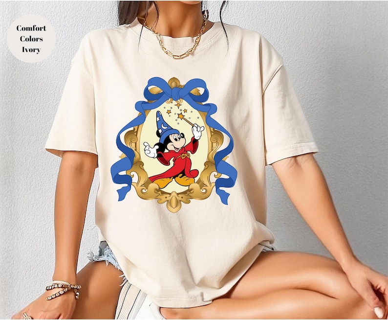 Camiseta de Mickey Mouse, camisetas vintage de mago mágico con ratón fantasma, ratón globo mágico, camiseta con lazo coqueto, camiseta de colores cómodos imagen 1