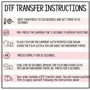 instructions for using a DFT (Digital Fashion Transfer) machine, including steps for heating the press to 325 degrees, setting a timer to 15 seconds, pre-pressing the garment, placing the film on the garment, pressing firmly, and cooling the garment after removing the film.