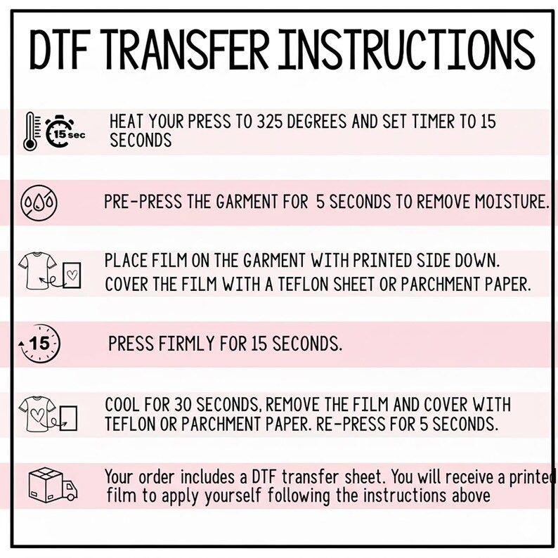 instructions for using a DFT (Digital Fashion Transfer) machine, including steps for heating the press to 325 degrees, setting a timer to 15 seconds, pre-pressing the garment, placing the film on the garment, pressing firmly, and cooling the garment after removing the film.