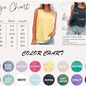 Puede incluir: Una tabla de tallas con medidas en pulgadas para camisetas sin mangas, junto con una carta de colores con tonos como Blossom, Blue Jean y Black. La imagen tambi&eacute;n muestra una camiseta sin mangas amarilla y una gris oscuro.