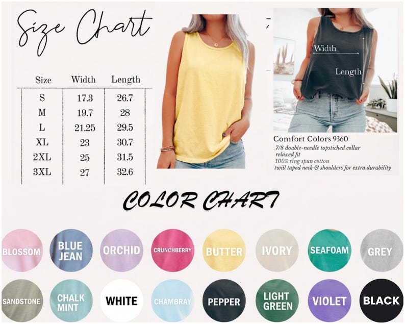 Puede incluir: Una tabla de tallas con medidas en pulgadas para camisetas sin mangas, junto con una carta de colores con tonos como Blossom, Blue Jean y Black. La imagen tambi&eacute;n muestra una camiseta sin mangas amarilla y una gris oscuro.