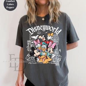 May include: Dark grey t-shirt with a Disneyworld graphic featuring Mickey Mouse, Minnie Mouse, Donald Duck, and Goofy. The design includes the text "Disneyworld" and "Florida 1971". The shirt has a vintage, worn appearance.