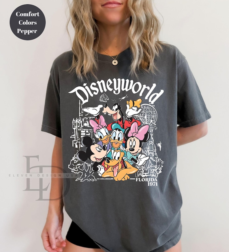 May include: Dark grey t-shirt with a Disneyworld graphic featuring Mickey Mouse, Minnie Mouse, Donald Duck, and Goofy. The design includes the text "Disneyworld" and "Florida 1971". The shirt has a vintage, worn appearance.