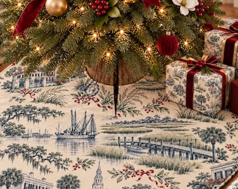 Southern Coastal Christmas Tree Skirt, Lowcountry Toile Holiday Decor, Charleston Inspired Marsh Oyster Decoration