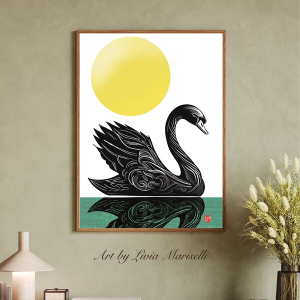 Cisne romántico, impresión de naturaleza abstracta, decoración moderna del hogar, ilustración minimalista de aves, impresión digital, póster, CONJUNTO DE 2.