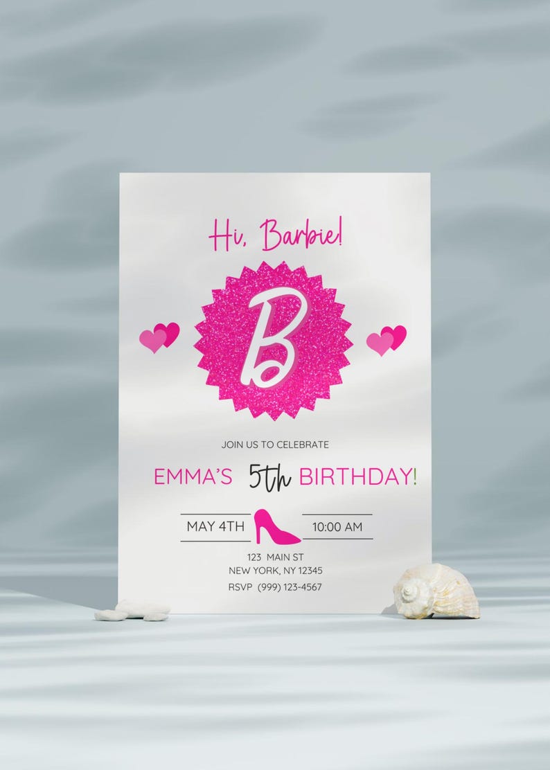 May include: A white invitation card with pink accents. The card features the text "Hi, Barbie!" and "Emma's 5th Birthday!" in pink. A pink high heel shoe graphic is also included. The invitation is for a birthday party.