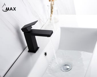 MAX Faucets | Single Hole Bathroom Faucet Elegance Square Design Matte Black Finish
