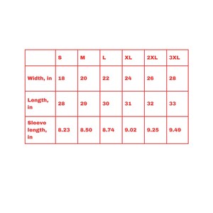 May include: Size chart for a garment with measurements in inches for width, length, and sleeve length. Sizes range from S to 3XL.