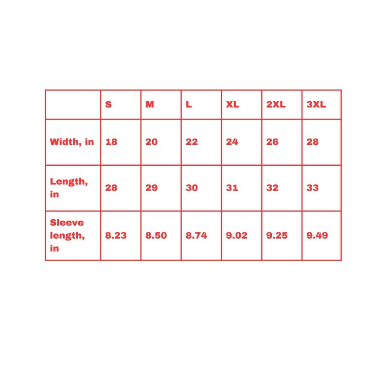 May include: Size chart for a garment with measurements in inches for width, length, and sleeve length. Sizes range from S to 3XL.