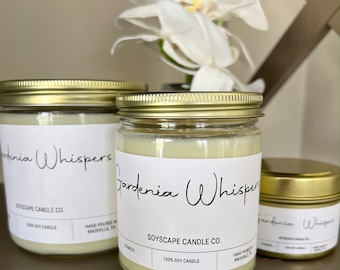 Gardenia Whispers, a clean, naturally scented soy candle. Long burning. Toxin free clean soy. Gift for friends, family and co-workers.