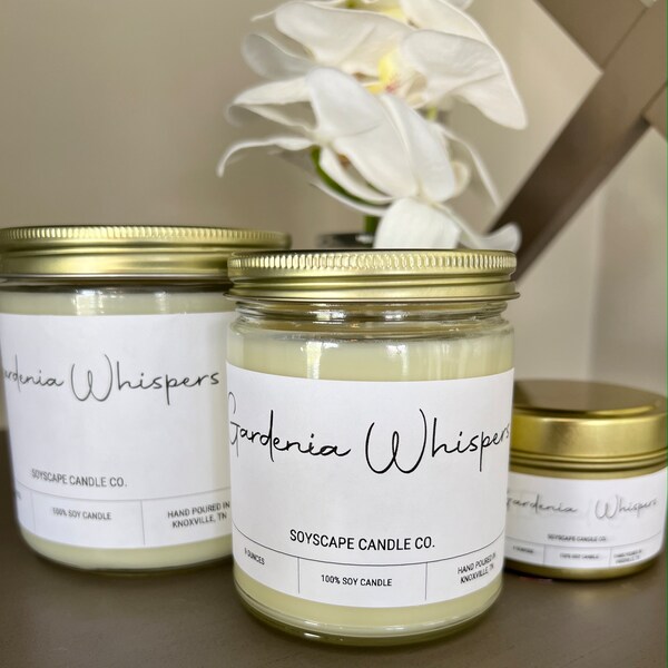 Gardenia Whispers, a clean, naturally scented soy candle. Long burning. Toxin free clean soy. Gift for friends, family and co-workers.