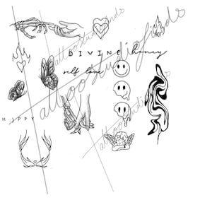 May include: A collection of black and white tattoo designs, including a heart, a butterfly, a skull hand, a smiley face, a smoke design, a cherub, and a heart with antlers. The text "DIVINE" and "self love" are also included.
