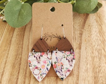 Cow Skull Floral Cork Dangle Earrings Gift Boho