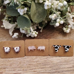 May include: Three sets of earrings featuring different farm animal designs. The first set features a pair of white and brown Highland cow earrings. The second set features a pair of pink pig earrings. The third set features a pair of black and white cow earrings.