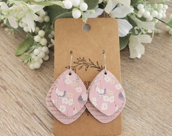 Floral Chicken Farm Animal Double Layer Cork and Leather Earrings Gift Boho Spring