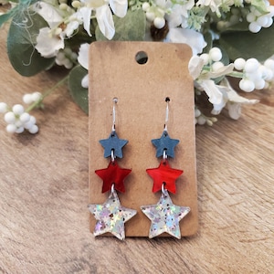 Star Acrylic Red White Blue Americana 4th of July Patriotic Earrings Dangle Gift