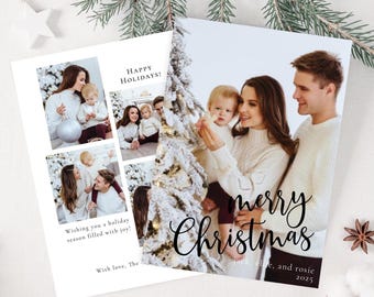 Modelo de cartão de Natal minimalista com foto, cartão de Natal moderno editável, cartão de Natal para impressão, cartão de Natal com foto